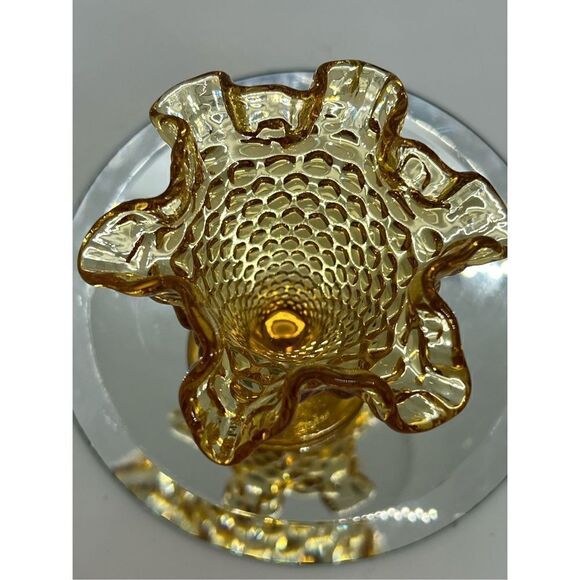 Vintage Yellow Amber Fenton Glass Hob Nail Small Cone Trumpet Vase Miniature 4” - Picture 6 of 7